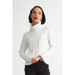 NICOPOLY - Sweater Trenzado Cuello Alto Blanco