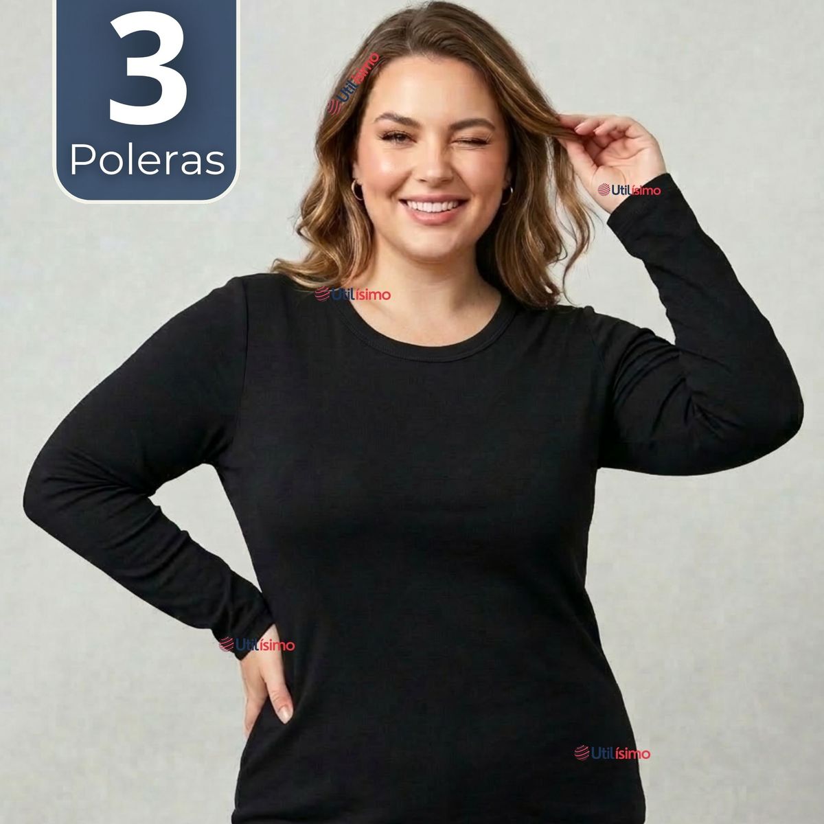 UTILISIMO - Pack 3 Camisetas Poleras Polar Primera Capa Negro Manga Larga Mujer
