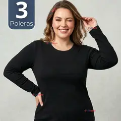 UTILISIMO - Pack 3 Camisetas Poleras Polar Primera Capa Negro Manga Larga Mujer