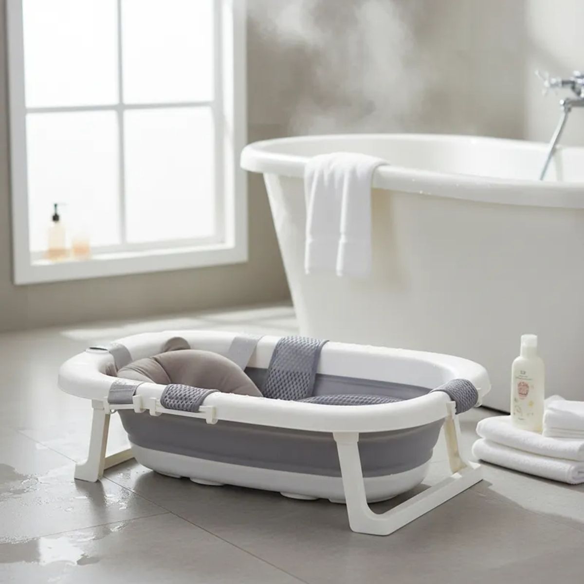 BEBESIT - Bañera Plegable Bebe con Cojin Almohada y reductor Gris