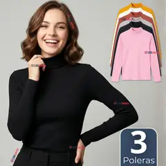 UTILISIMO - Pack 3 Camisetas Poleras Polar Primera Capa Acanalada Cuello Beatle Manga Larga Colores Surtidos