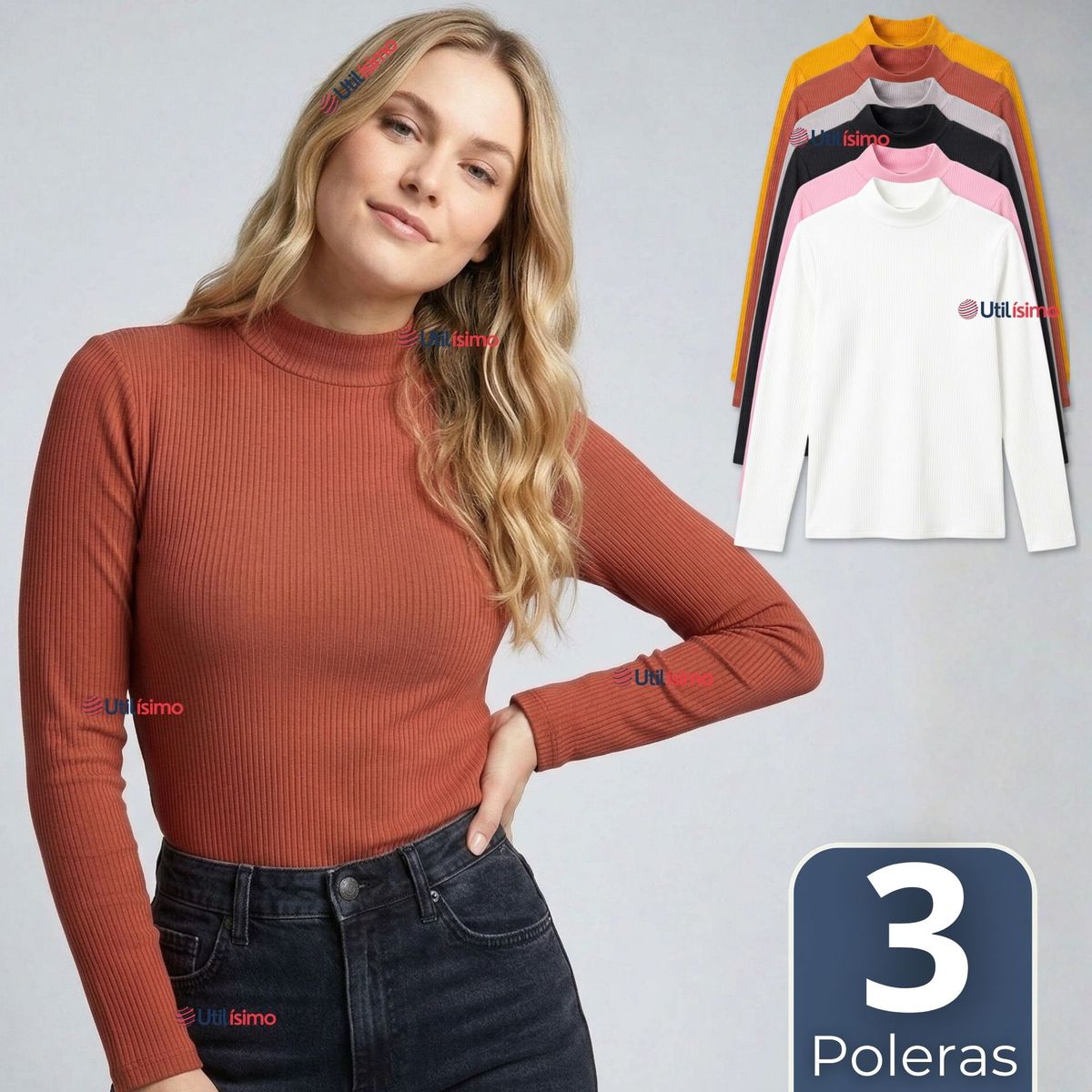 UTILISIMO - Pack 3 Camisetas Poleras Polar Primera Capa Acanalada Cuello Beatle Manga Larga Colores Surtidos