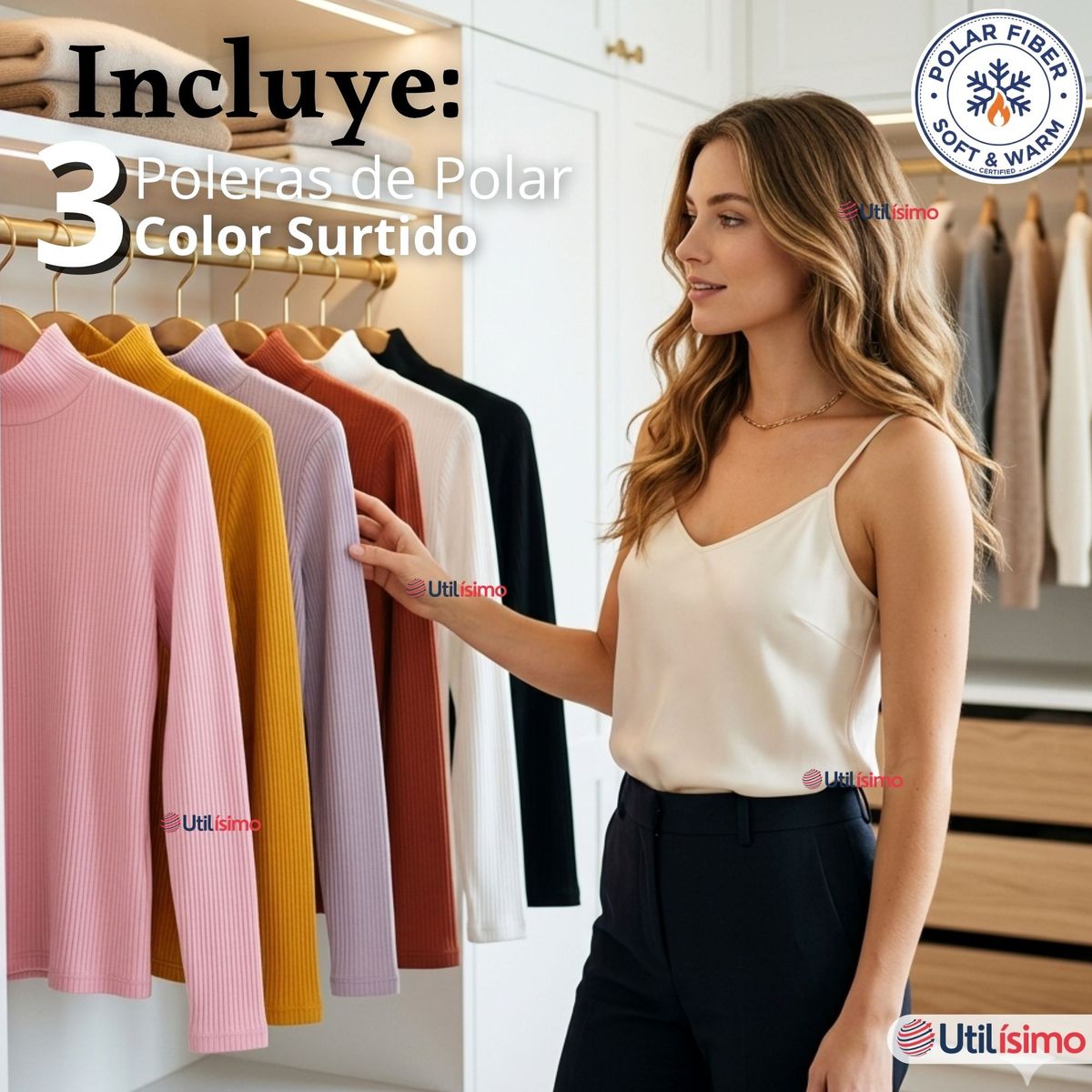 UTILISIMO - Pack 3 Camisetas Poleras Polar Primera Capa Acanalada Cuello Beatle Manga Larga Colores Surtidos