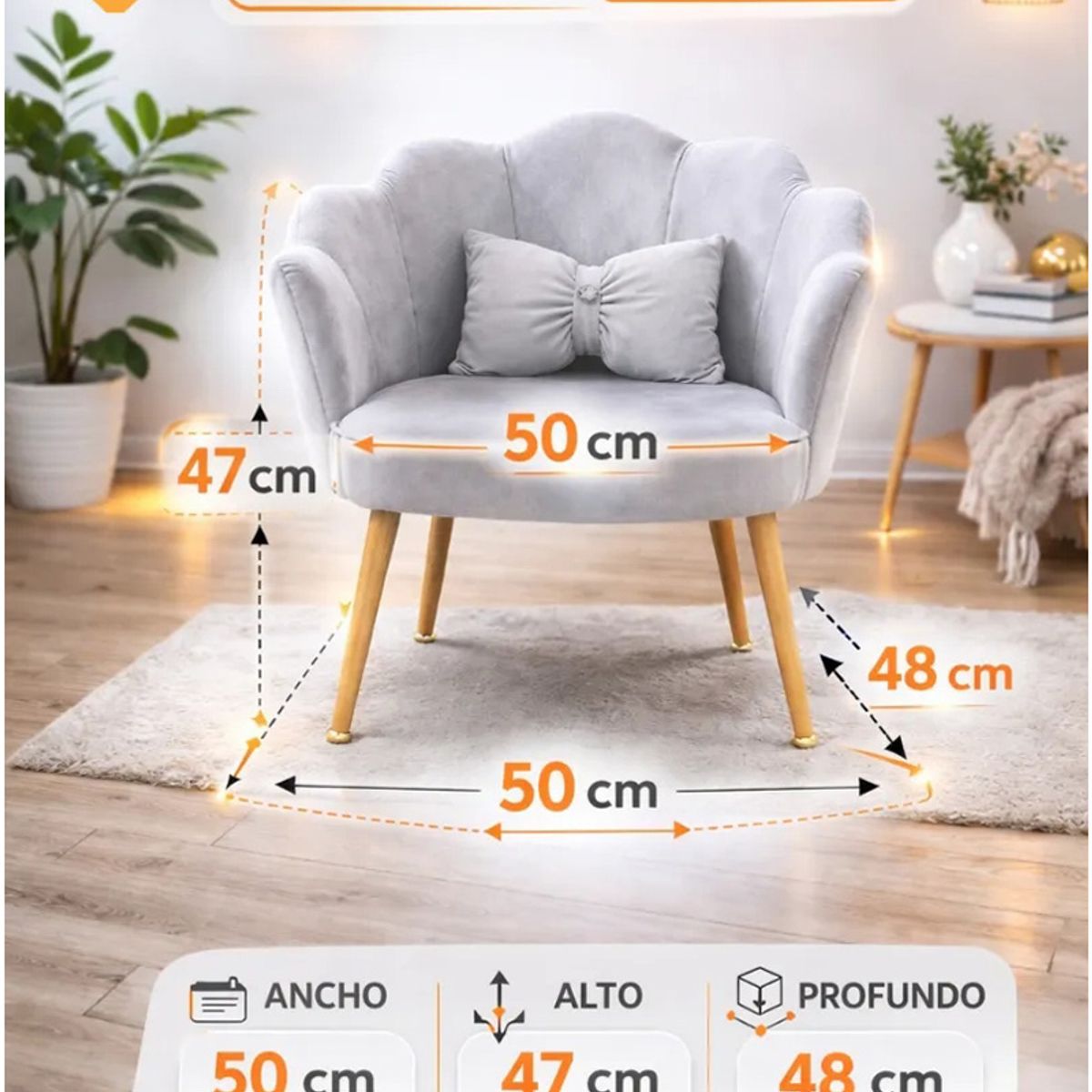 GENERICO - Silla Vitrineon Felpa Gris Claro Patas Dorado Metalico Pro