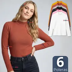 UTILISIMO - Pack 6 Camisetas Poleras Polar Primera Capa Acanalada Cuello Beatle Manga Larga Colores Surtidos