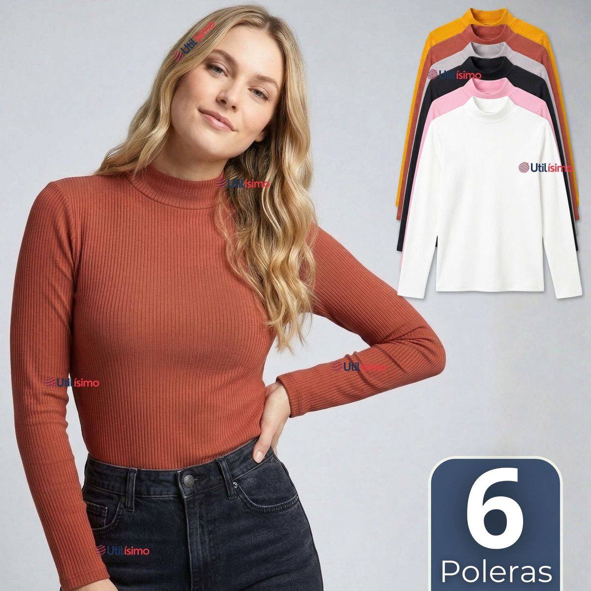 UTILISIMO - Pack 6 Camisetas Poleras Polar Primera Capa Acanalada Cuello Beatle Manga Larga Colores Surtidos