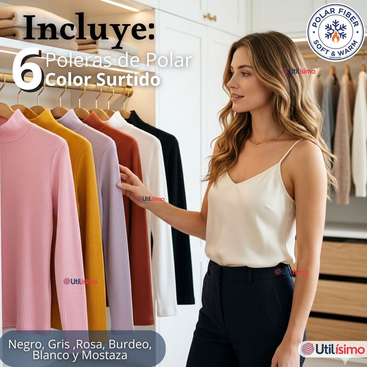 UTILISIMO - Pack 6 Camisetas Poleras Polar Primera Capa Acanalada Cuello Beatle Manga Larga Colores Surtidos