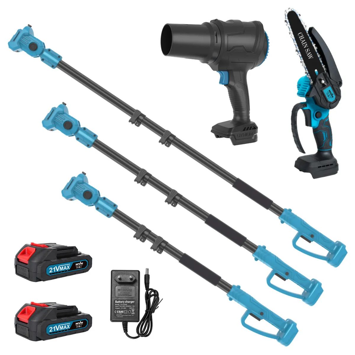 MOVI - KIT DE JARDINERIA 6 EN 1: ORILLADORA, TIJERA, MOTOSIERRA,SOPLADORA, 2 CORTASETOS Y BRAZO TELESCOPICO