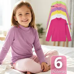 UTILISIMO - Pack 6 Poleras Camisetas Básica Polar Primera Capa Cuello Beatle Manga Larga Colores Surtido Niña
