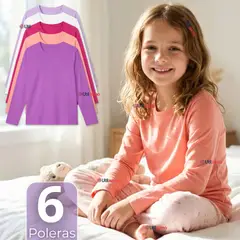 UTILISIMO - Pack 6 Poleras Camisetas Básicas Polar Primera Capa Cuello Redondo Manga Larga Colores Surtido Niña