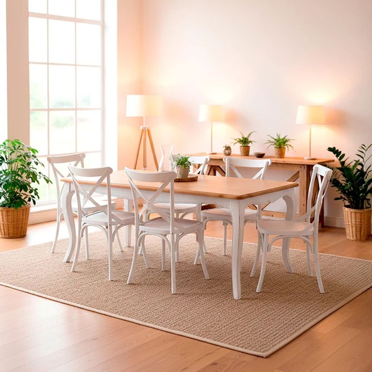 SPAZZIO - Mesa comedor Vittoria rectangular blanca 135 cm + 6 sillas PP Crossback blancas
