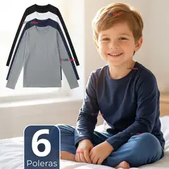 UTILISIMO - Pack 6 Poleras Camisetas Básica Polar Primera Capa Cuello Redondo Manga Larga Colores Surtido Niño