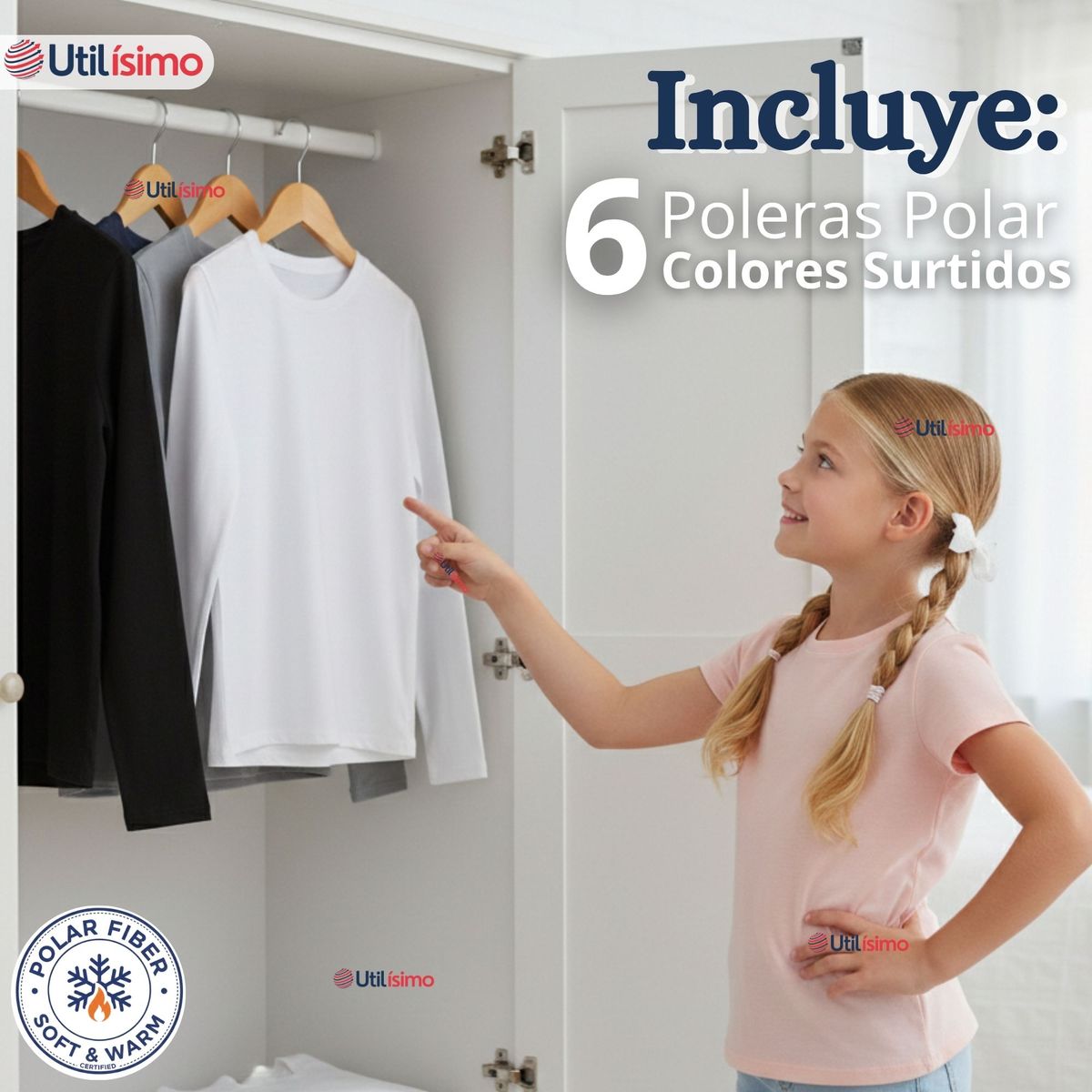 UTILISIMO - Pack 6 Poleras Camisetas Polar Primera Capa Cuello Redondo Ligera Manga Larga Colores Surtido Niña