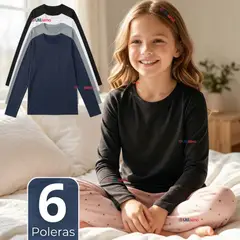 UTILISIMO - Pack 6 Poleras Camisetas Polar Primera Capa Cuello Redondo Ligera Manga Larga Colores Surtido Niña