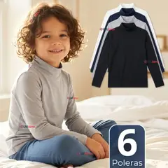 UTILISIMO - Pack 6 Poleras Camisetas Básica Polar Primera Capa Beatle Manga Larga Colores Surtido Niño