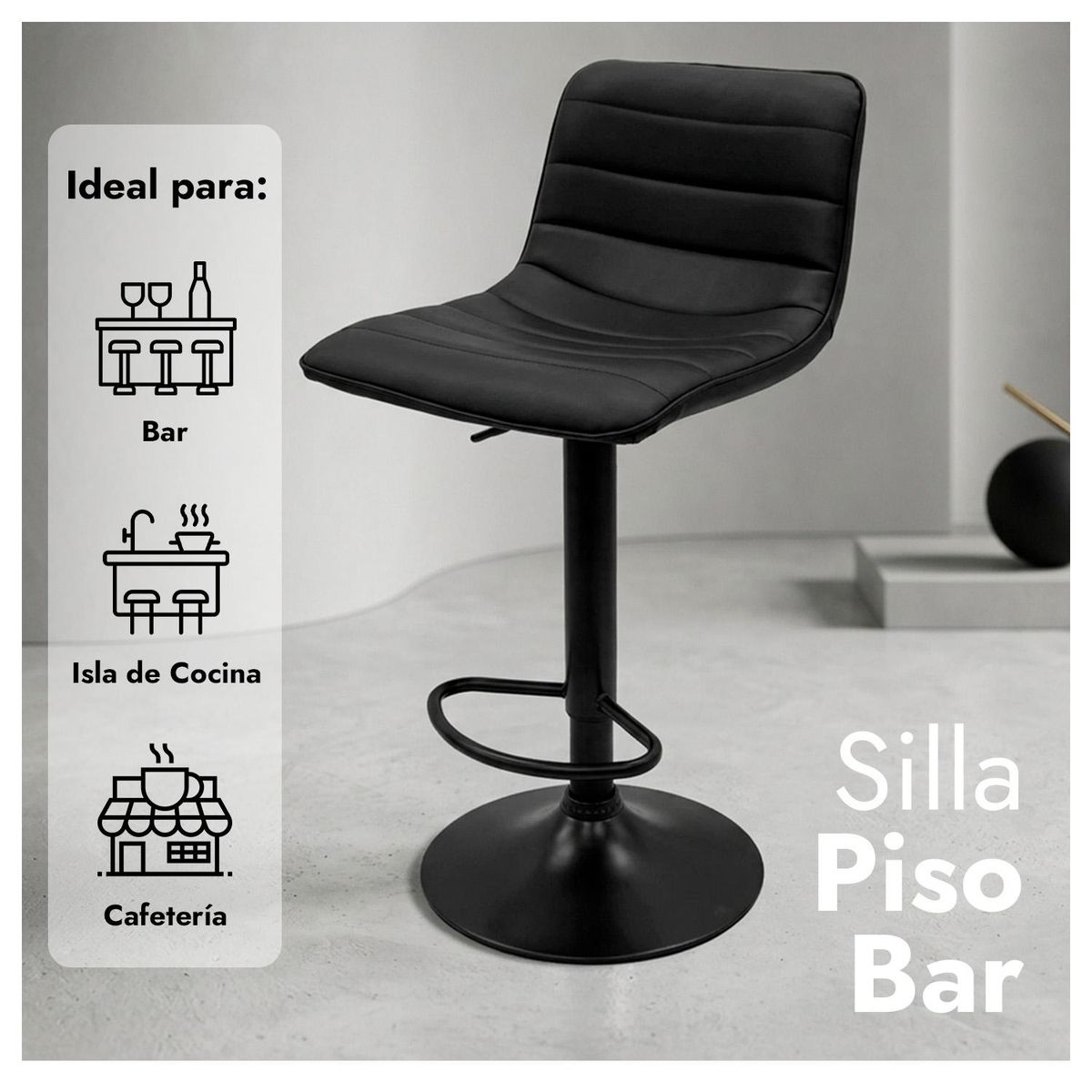 GLOBAL LATIN GROUP - Silla Piso Bar Ajustable Negra Ergonómica Giratoria Cocina Isla 150kg