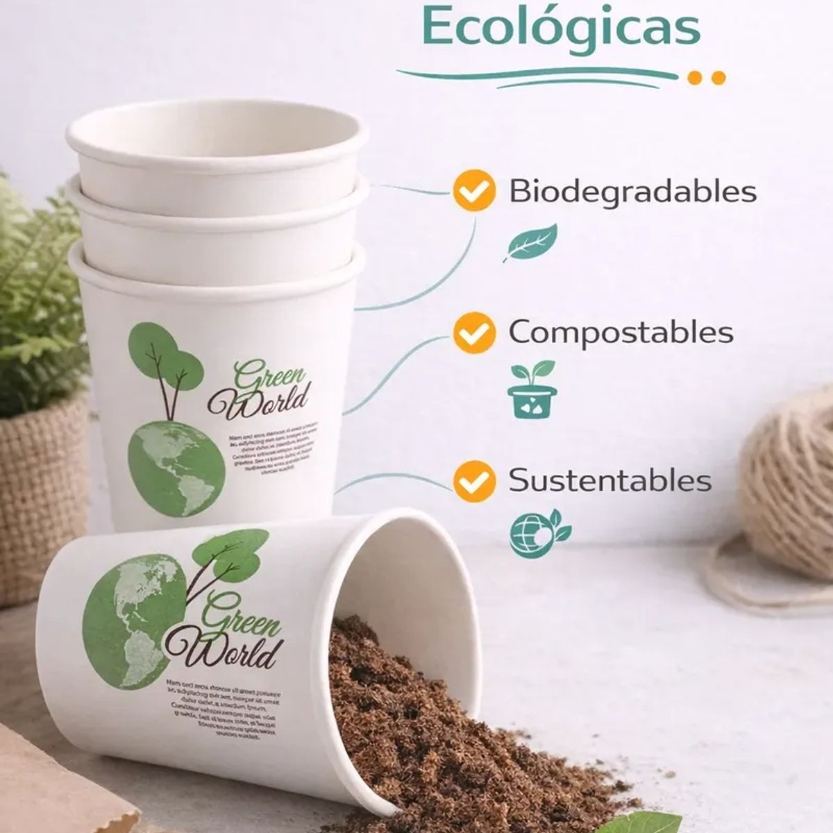 GENERICO - 50 Vasos Eco Compostables Biodegradables Cafe Uso 235ml Blanco Verde Natural Eco Biodegradable