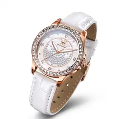 GENERICO - Reloj Femenino de Cuarzo Elegante Cristales Decorativos, Correa Blanca Texturizada, Calendario