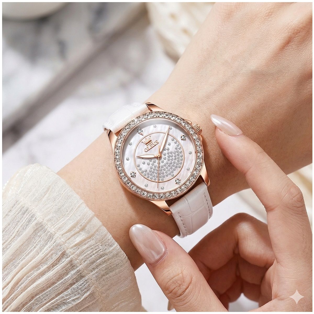 GENERICO - Reloj Femenino de Cuarzo Elegante Cristales Decorativos, Correa Blanca Texturizada, Calendario