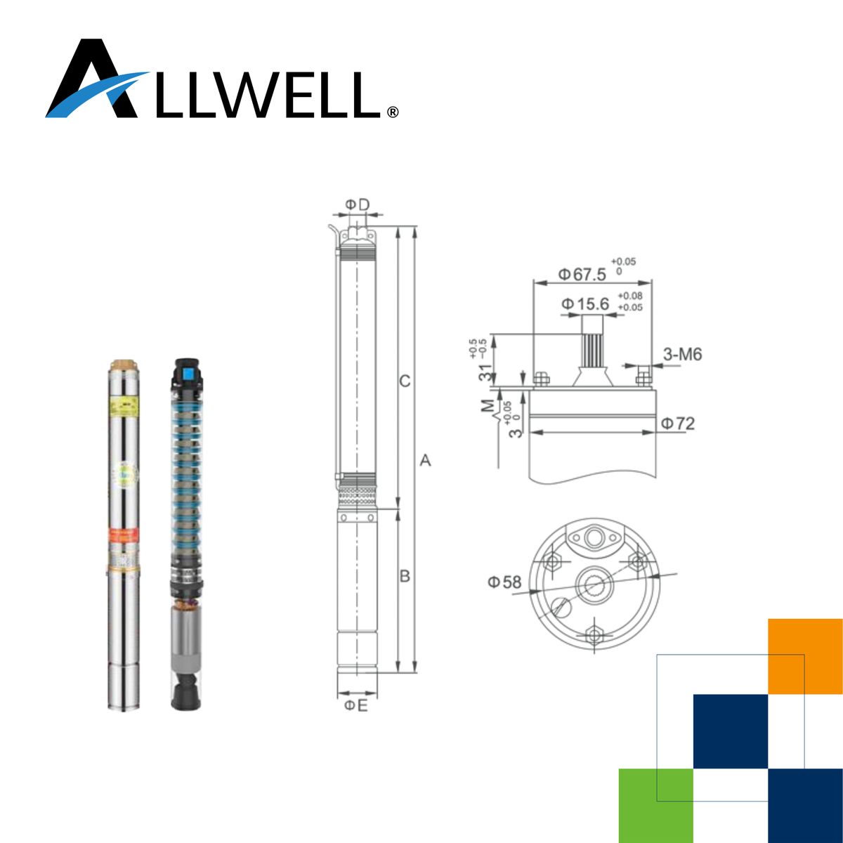 ALLWELL - KIT BOMBA SUMERGIBLE POZO ALLWELL 4" 1.5 HP Q+ 4SDM4/14-1,1 + ACCESORIOS DE INSTALACION