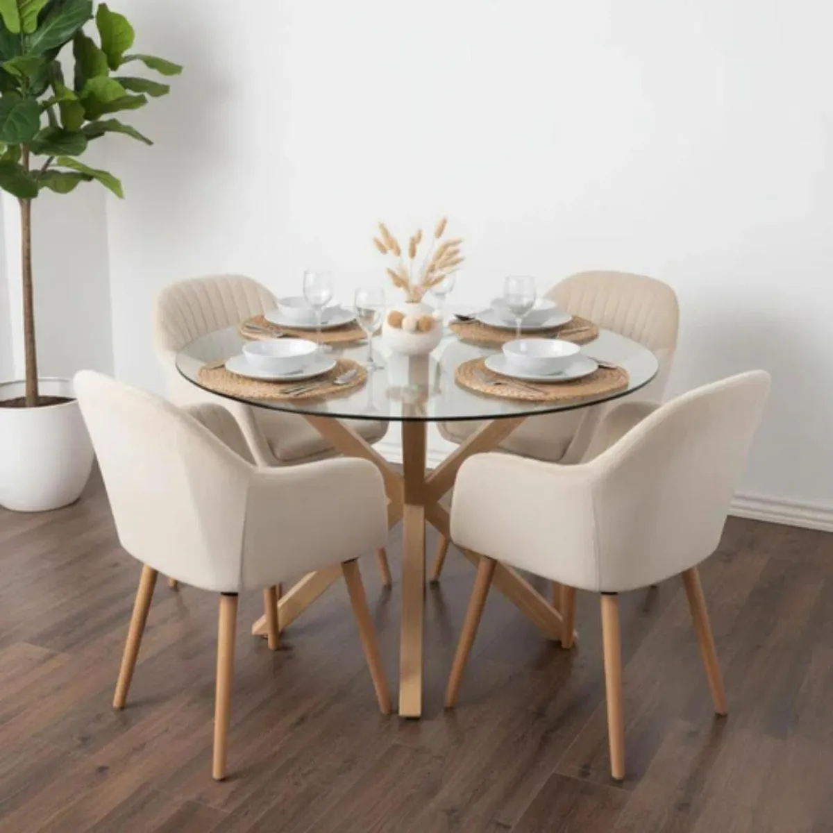 PANDALINO - Comedor Mesa Redonda Equiz 120cm + 4 Butacas Almer Beige