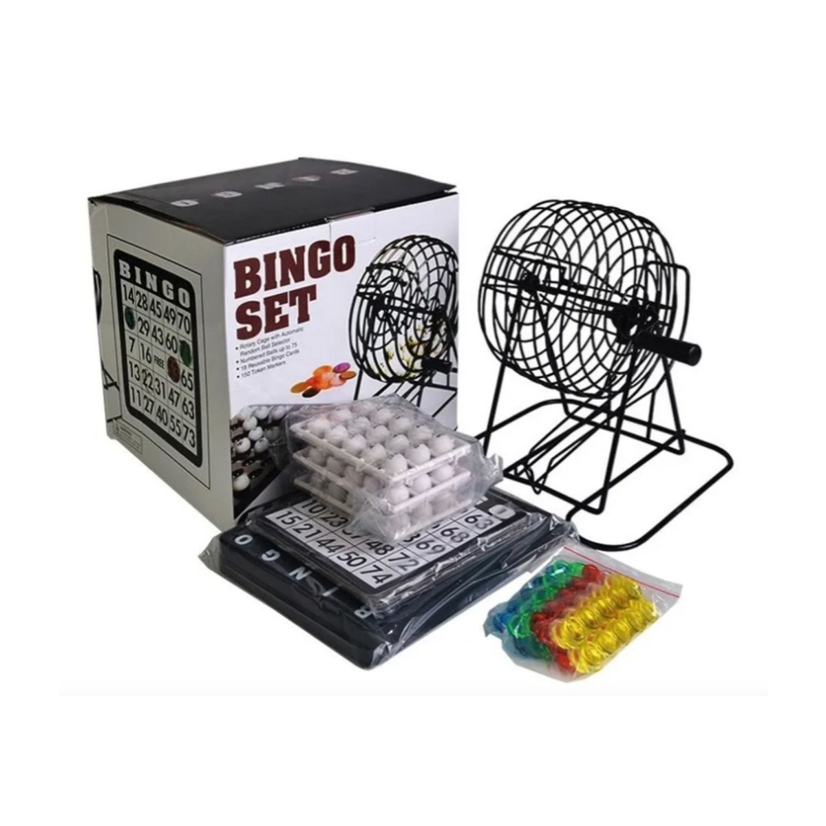 GENERICO - Bingo Profesional Set Completo con Tómbola Metálica y 18 Cartones