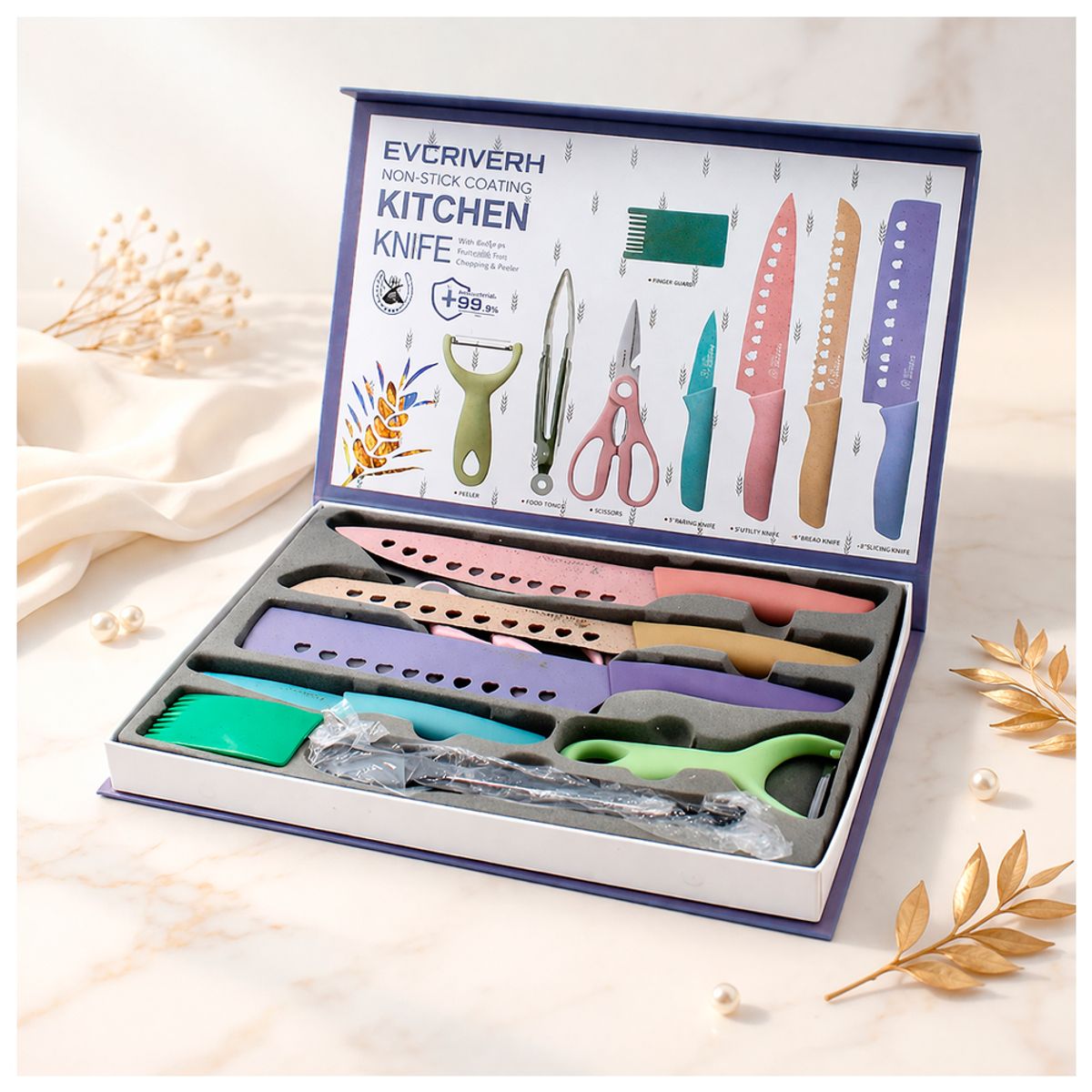 IRM - Set de Cuchillos Con Tijera de cocina Pelador & Pinza 8pcs Colores Pastel