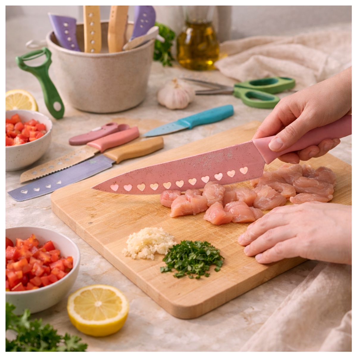 IRM - Set de Cuchillos Con Tijera de cocina Pelador & Pinza 8pcs Colores Pastel