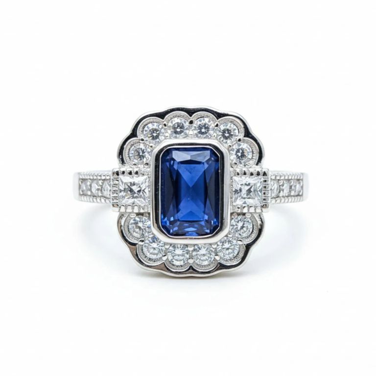 Anillo Art-Deco Vintage Halo Zafiro Circones Plata 925 Azul 12