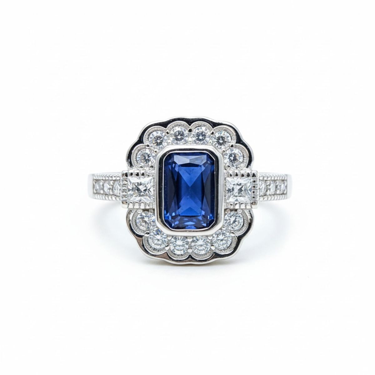 JOYAS LANDEROS - Anillo Vintage Halo Zafiro Circones Plata 925