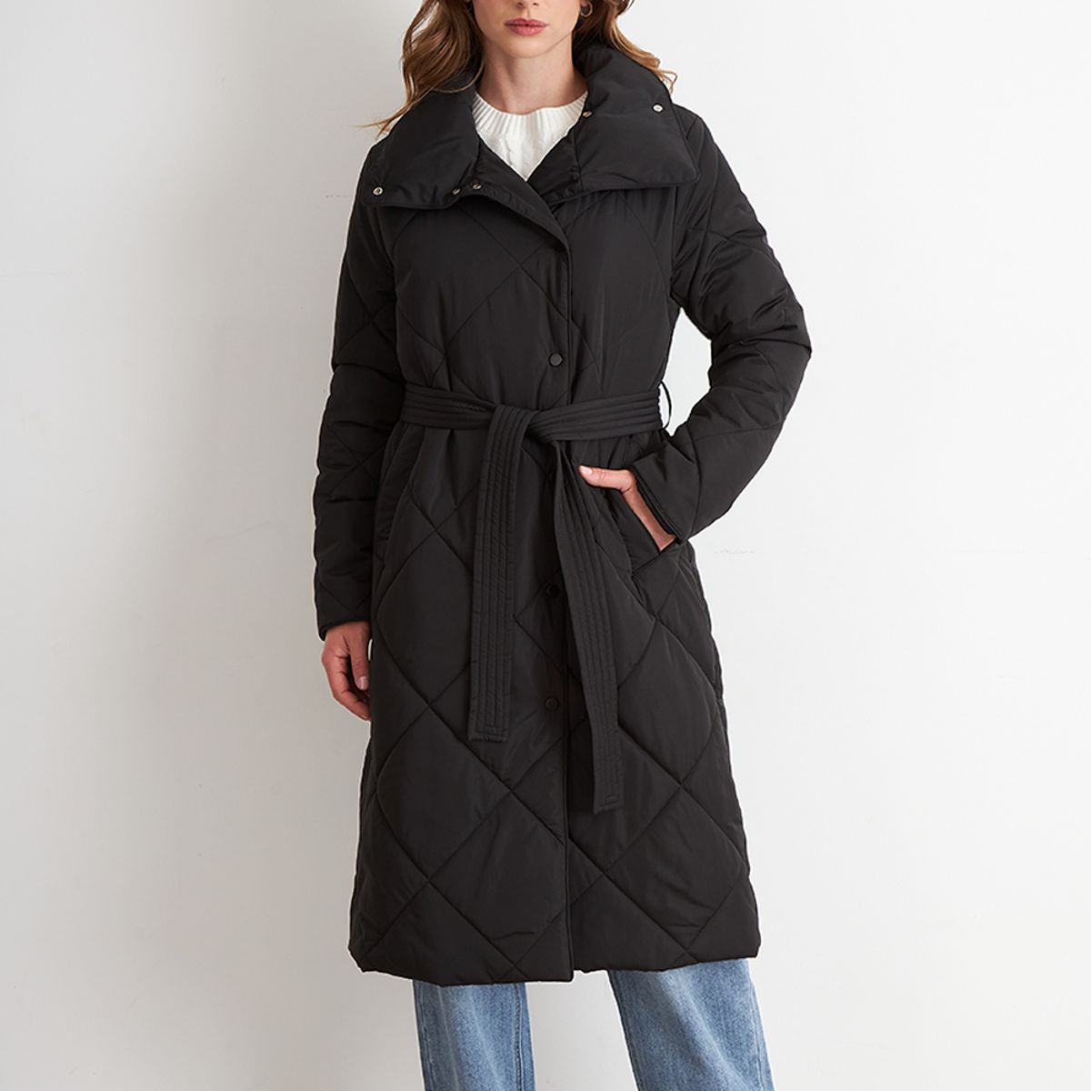 NICOPOLY - Parka Acolchada con Cinturón Lazo Negro Nicopoly