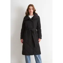 NICOPOLY - Parka Acolchada con Cinturón Lazo Negro