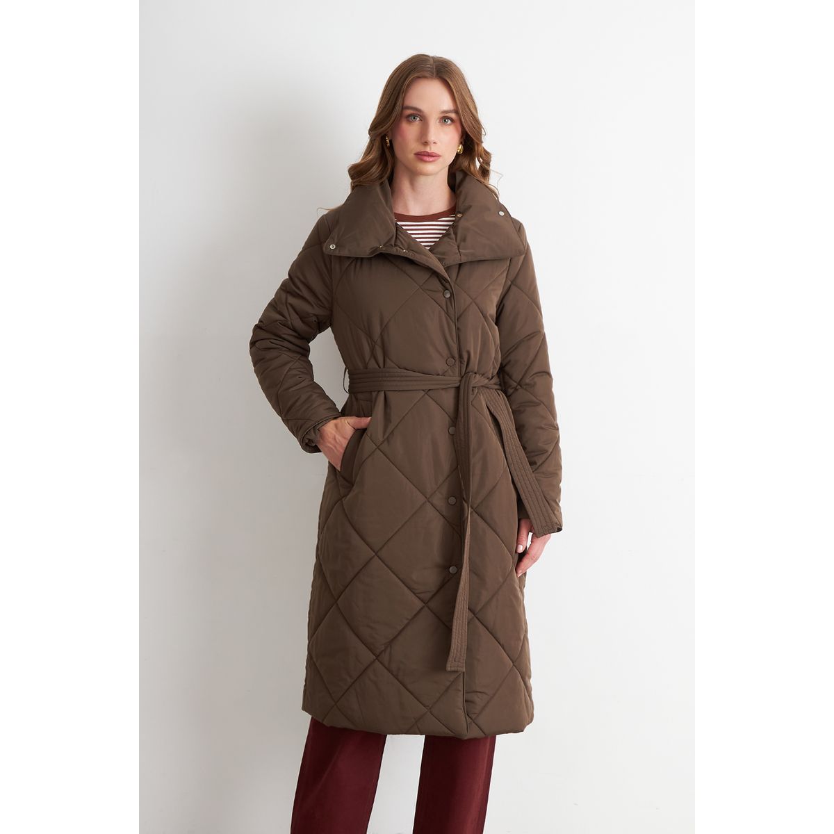 NICOPOLY - Parka Acolchada con Cinturón Lazo Café Nicopoly