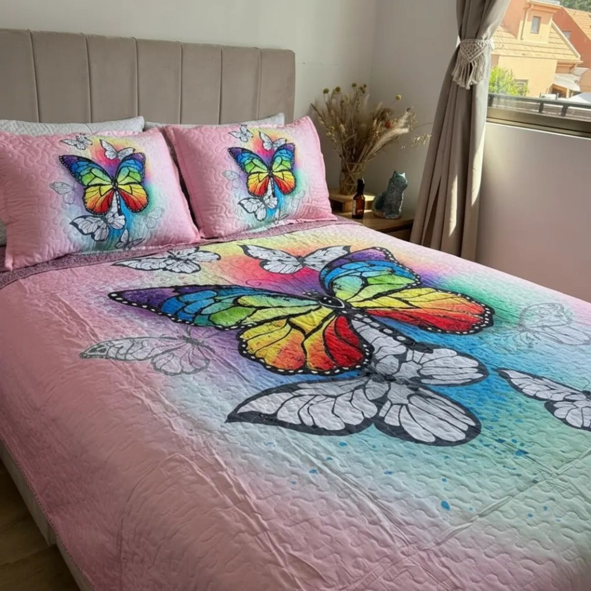 TODOHOGAR SANTIAGO DE CHILE - Cubrecama Quilt 2 Plazas Microfibra Diseño Mariposa Rosa