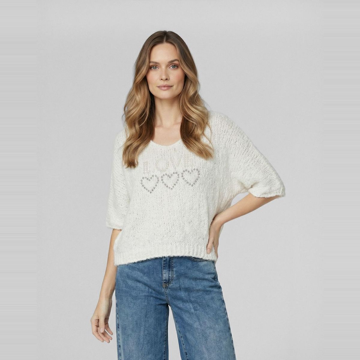 LINEATRE - Sweater Mujer Anna Relaxed Cuello En V Manga Caída Crudo Lineatre