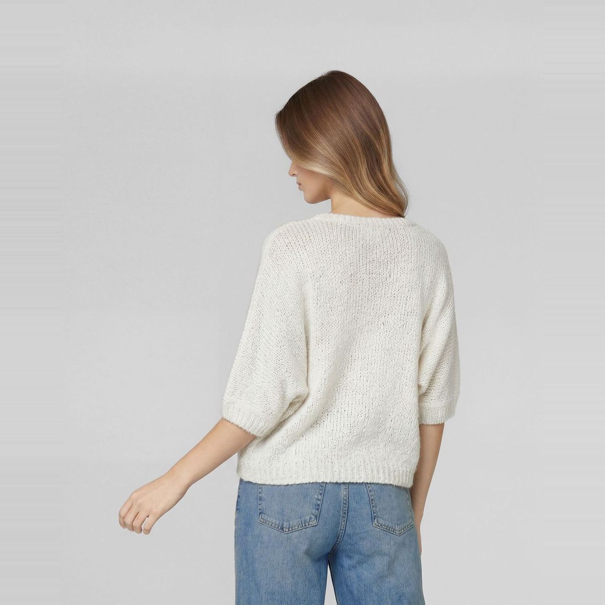 LINEATRE - Sweater Mujer Anna Relaxed Cuello En V Manga Caída Crudo Lineatre