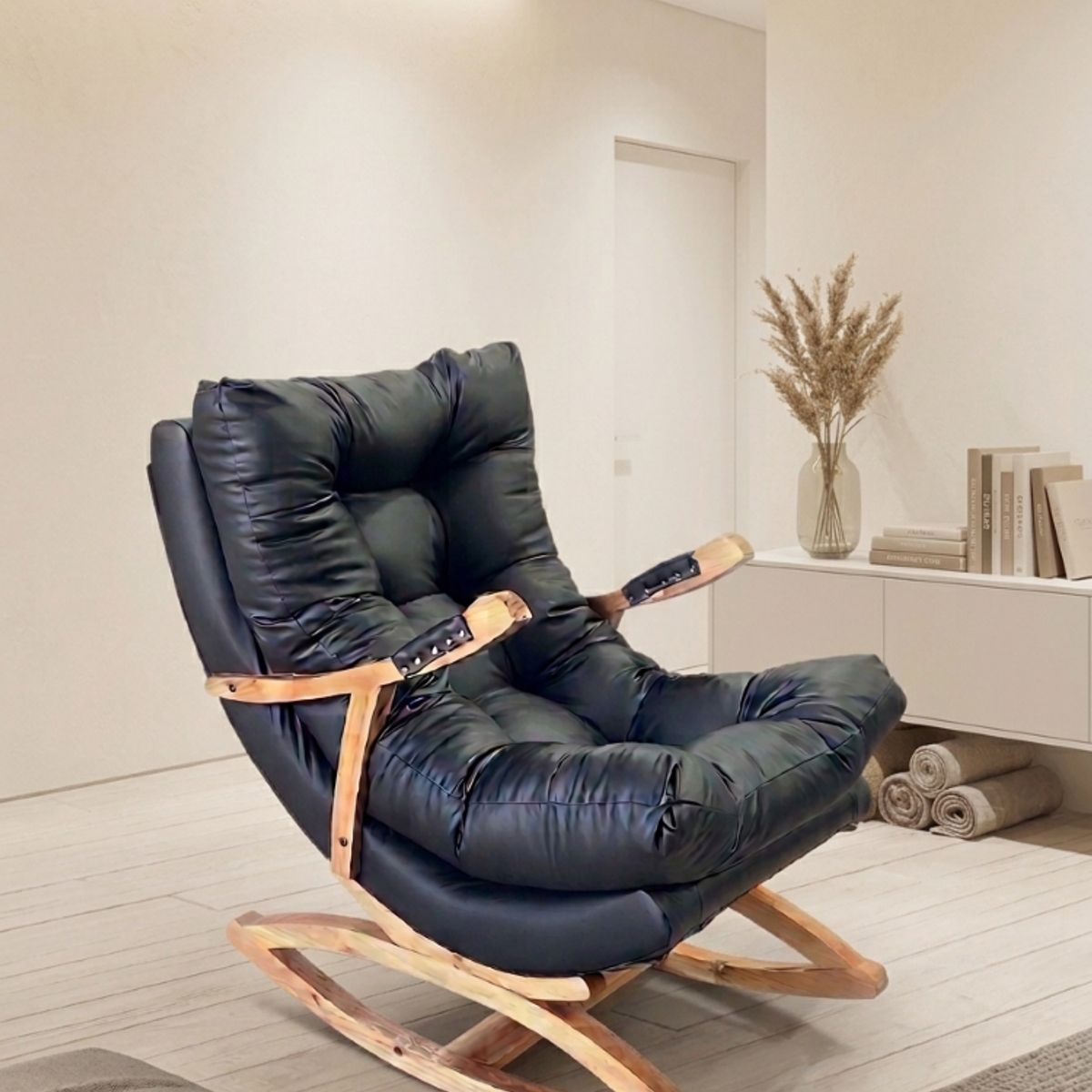 MUEBLES NEW - SILLA MECEDORA COQUETTE CON APOYA BRAZO NEGRO ECOCUERO