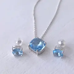 GENERICO - Conjunto Mujer Plata 950 Collar y Aros Cristal Azul Aquamarine