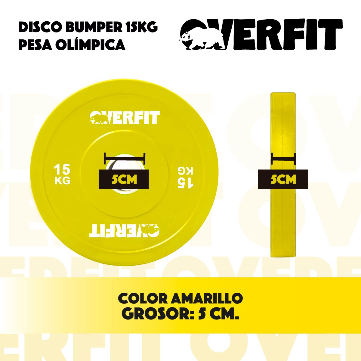 OVERFIT - Disco de Pesa Olimpica Goma Overfit 15kg Antideslizante 50mm Gym.