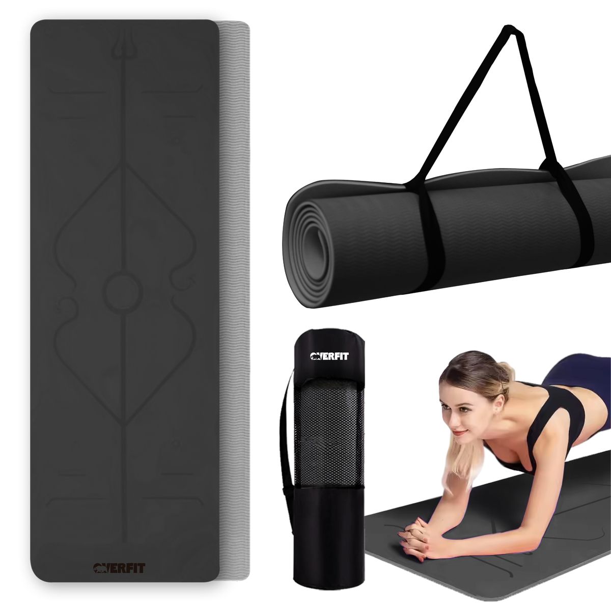 OVERFIT - Mat de Yoga TPE Overfit 183x61cm 8mm Bicolor Negro Lineas Guia