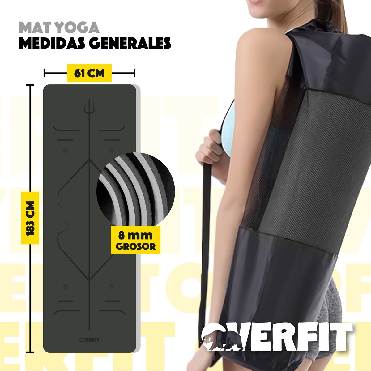 OVERFIT - Mat de Yoga TPE Overfit 183x61cm 8mm Bicolor Negro Lineas Guia