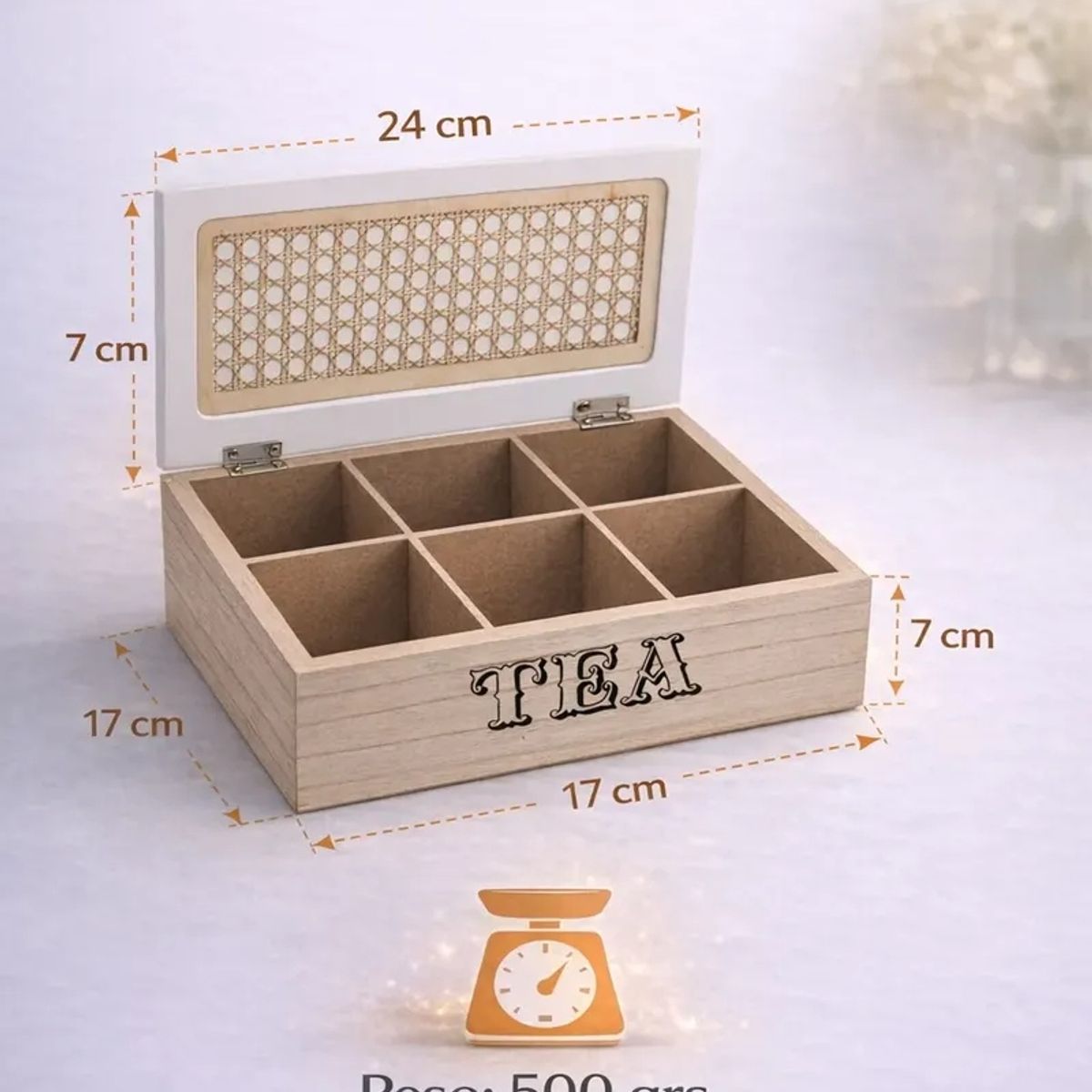 GENERICO - Caja Te Madera 6 Compartimentos Tapa Tejida Bambu Cocina