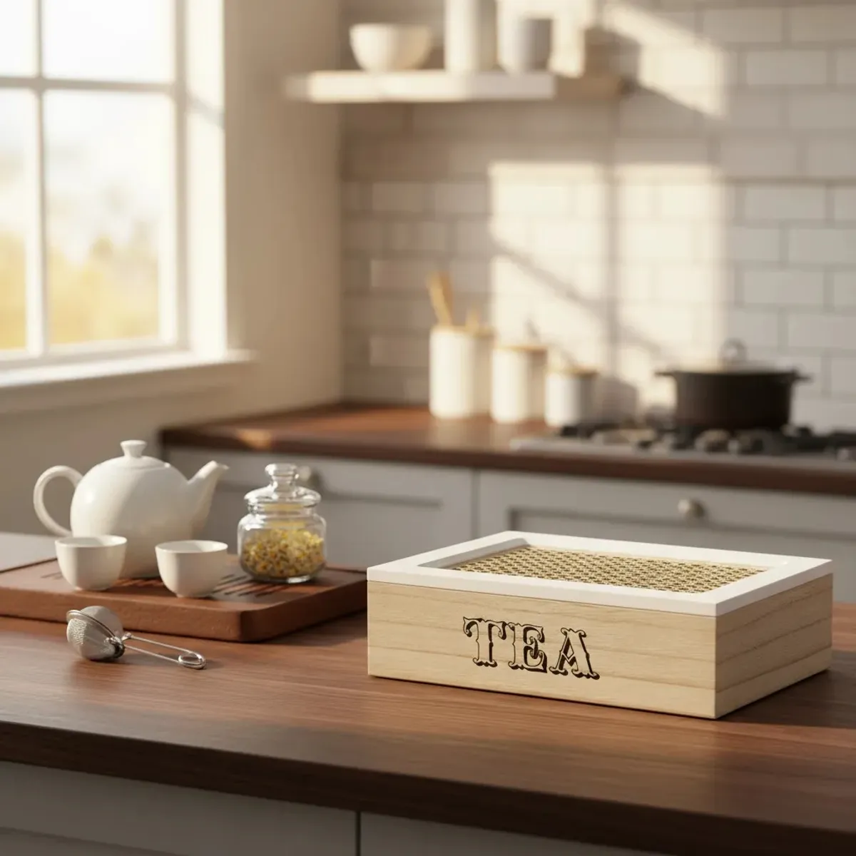 GENERICO - Caja Te Hierbas Cocina Minimalista Compacta Almacenamiento Madera Calida Tonalidad Natural