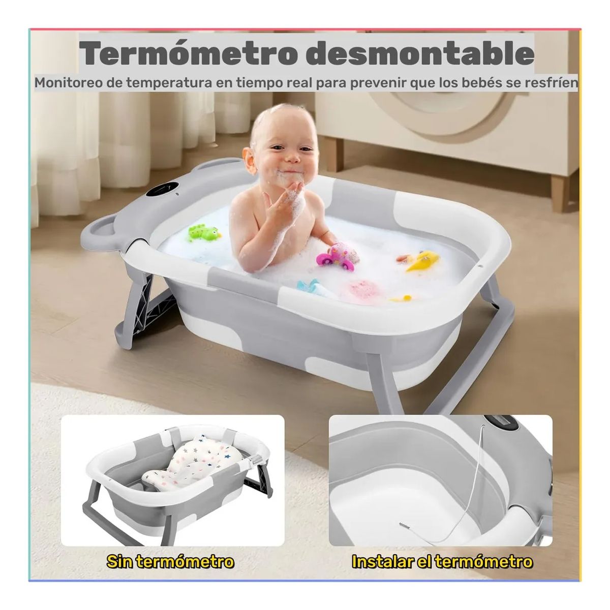 VERCI - Tina Bañera Plegable Bebé 0-18 Meses Con Termómetro Y Cojín