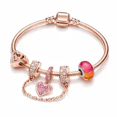 GENERICO - Pulsera Charm Rosé Chapada en Plata con Corazones y Cristales Brillantes