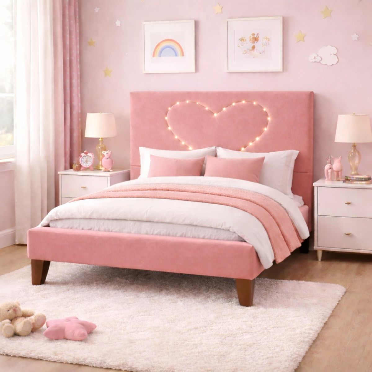 GENERICO - Cama Plaza y Media Corazón Palo Rosa Base + Colchón Mery Design Excellence Plus