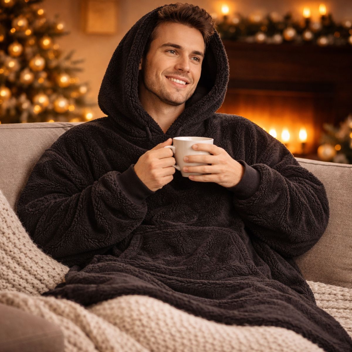 MOVI - Polerón Sherpa Oversize con Capucha Tipo Huggle  Talla Única - Gris