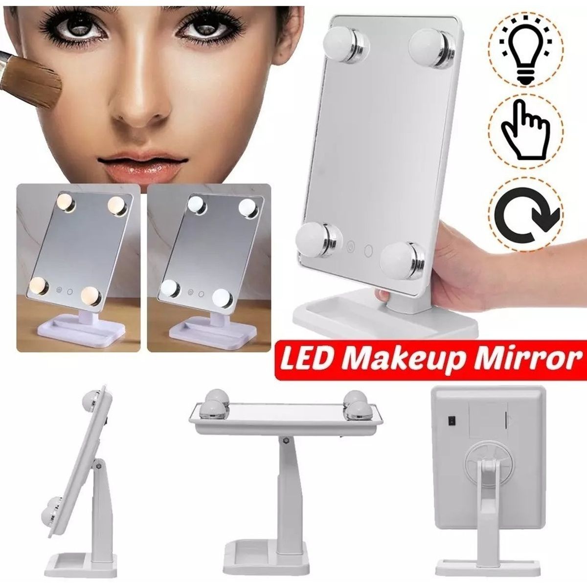 GENERICO - Espejo 4 Bombillas Luces Led Tactil Maquillaje Giratorio