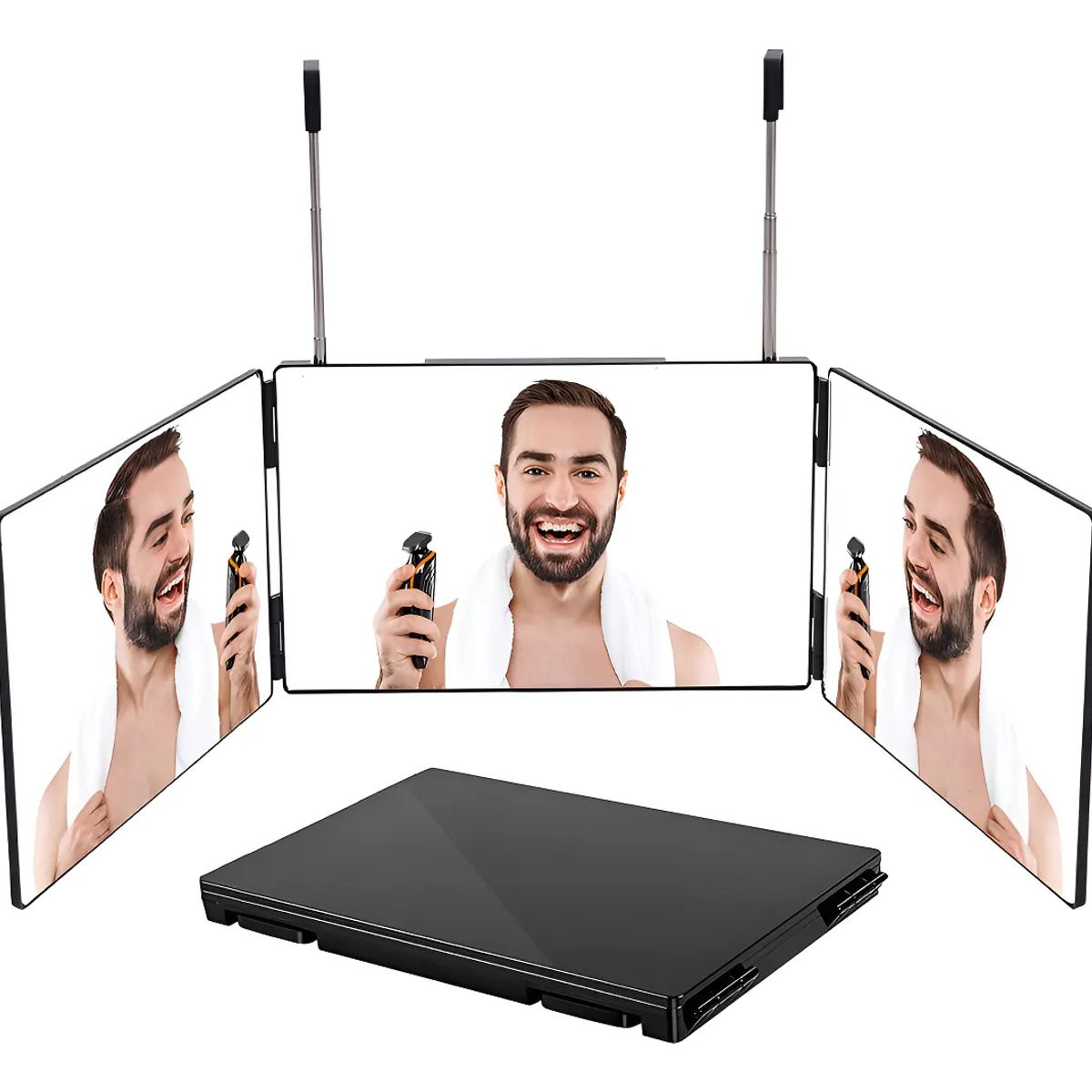 GENERICO - Espejo De 3 Vías De Corte De Pelo Triple De 360° Con Ganchos Marco Negro