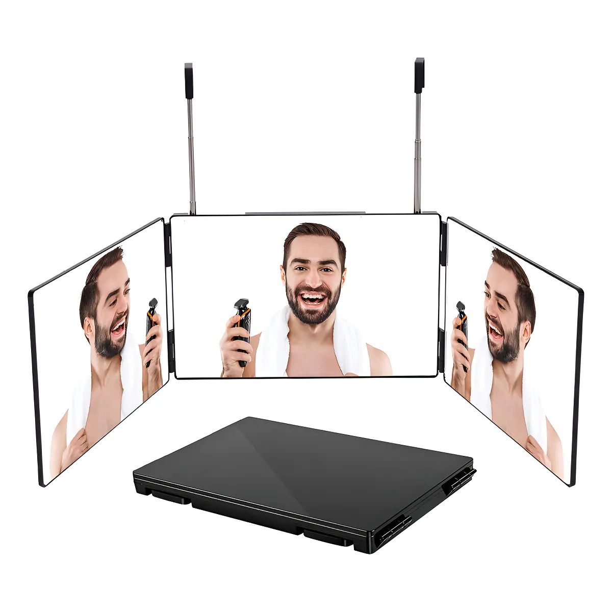 GENERICO - Espejo De 3 Vías De Corte De Pelo Triple De 360° Con Ganchos Marco Negro